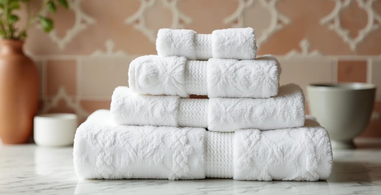 Pila de pequeñas toallas de algodón blanco sobre mármol en baño mediterráneo