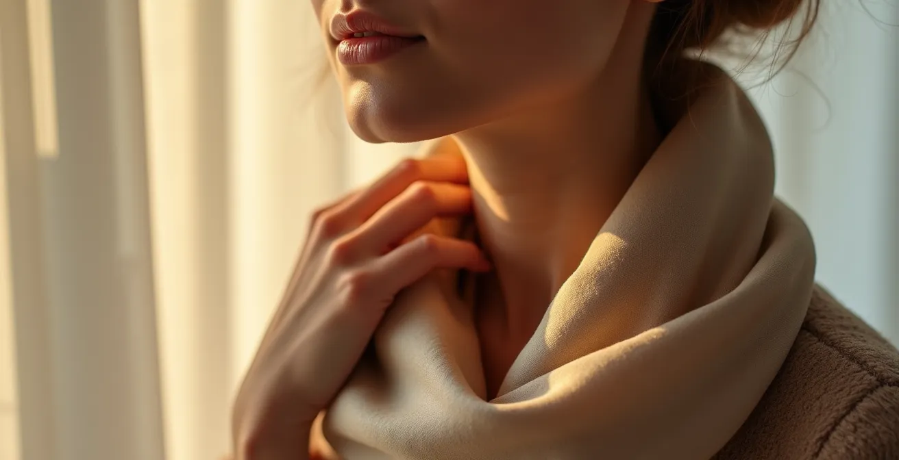 Composición minimalista de bufanda de lana y pañuelo de seda sobre superficie neutra con luz natural