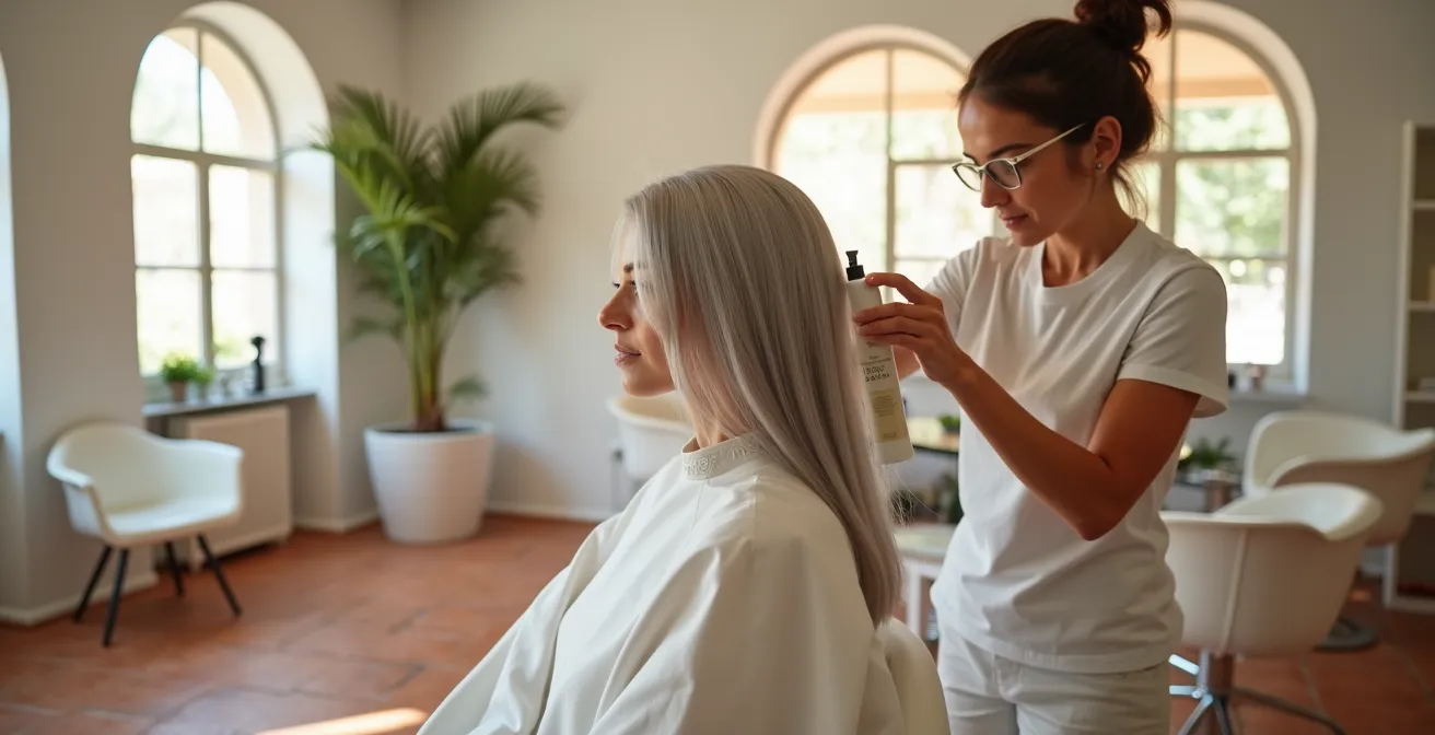 Tratamiento de botox capilar aplicado a cabello gris en salón profesional