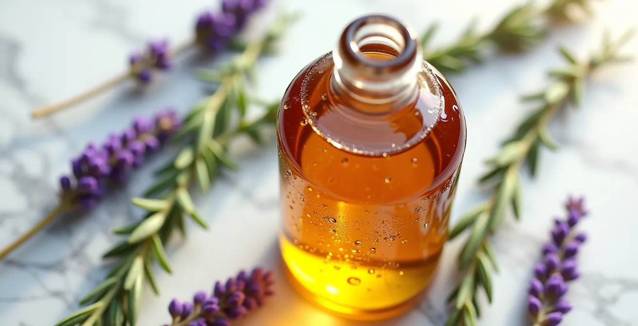 Botella de vinagre de sidra con ramitas de lavanda y romero frescos, que ayudan a mejorar el olor y las propiedades del enjuague capilar.