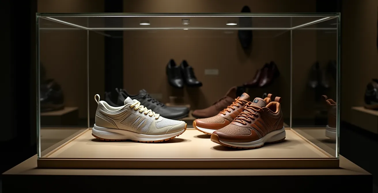 Zapatillas exclusivas en vitrina de cristal iluminada como piezas de colección
